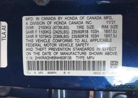 2022 Honda Cr-V Awd Ex-L from USA, damaged, VIN 2HKRW2H89NH608136